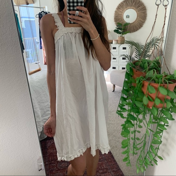 Shabby Chic Boho White Crochet Lace Trim Cotton Trapeze Shift Dress Medium - Picture 3 of 11